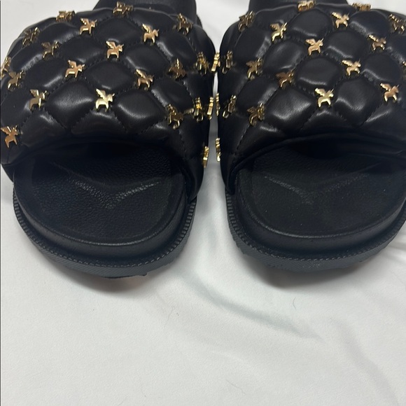 Black Slide Sandals with Gold Accents - Picture 2 of 7